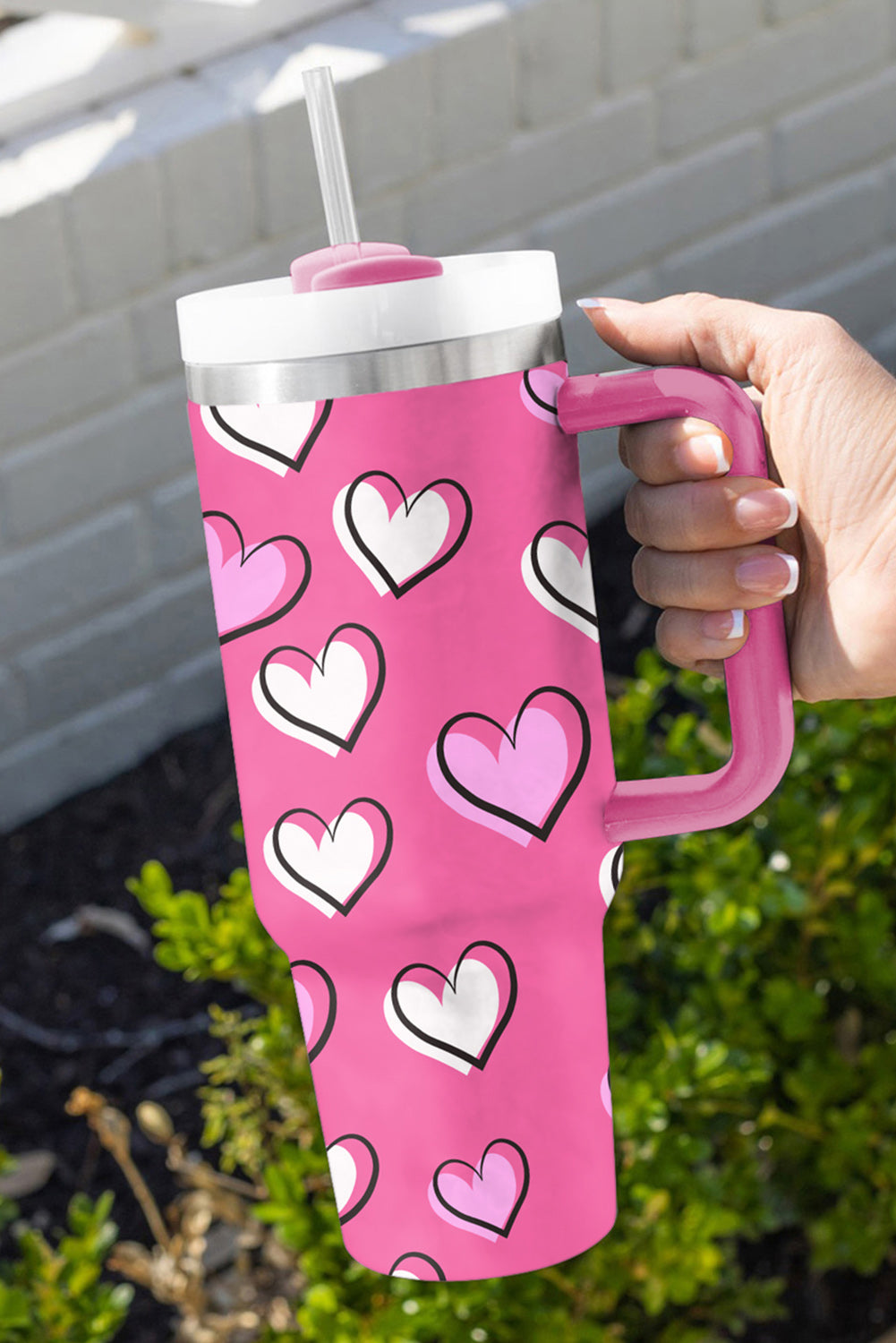 Rose Red Valentines Heart Printed Cup with Handle 40oz