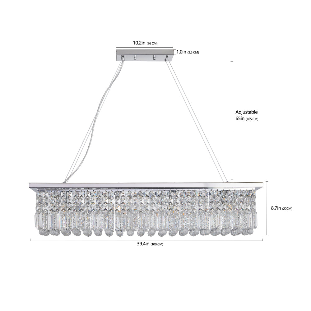 39.4" Rectangle Crystal Raindrop Chandelier | 8-Light Modern Pendant for Dining Room & Kitchen Island — Chrome or Gold, E12