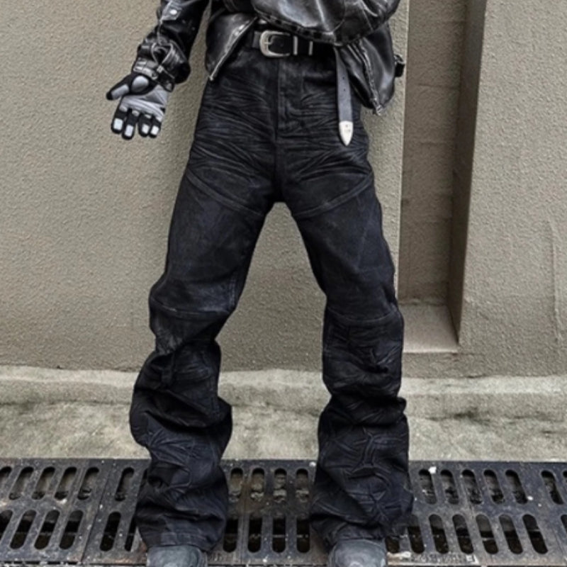 American-style Raw-edge Slim-fit Pleated Slightly Flared Denim Jeans