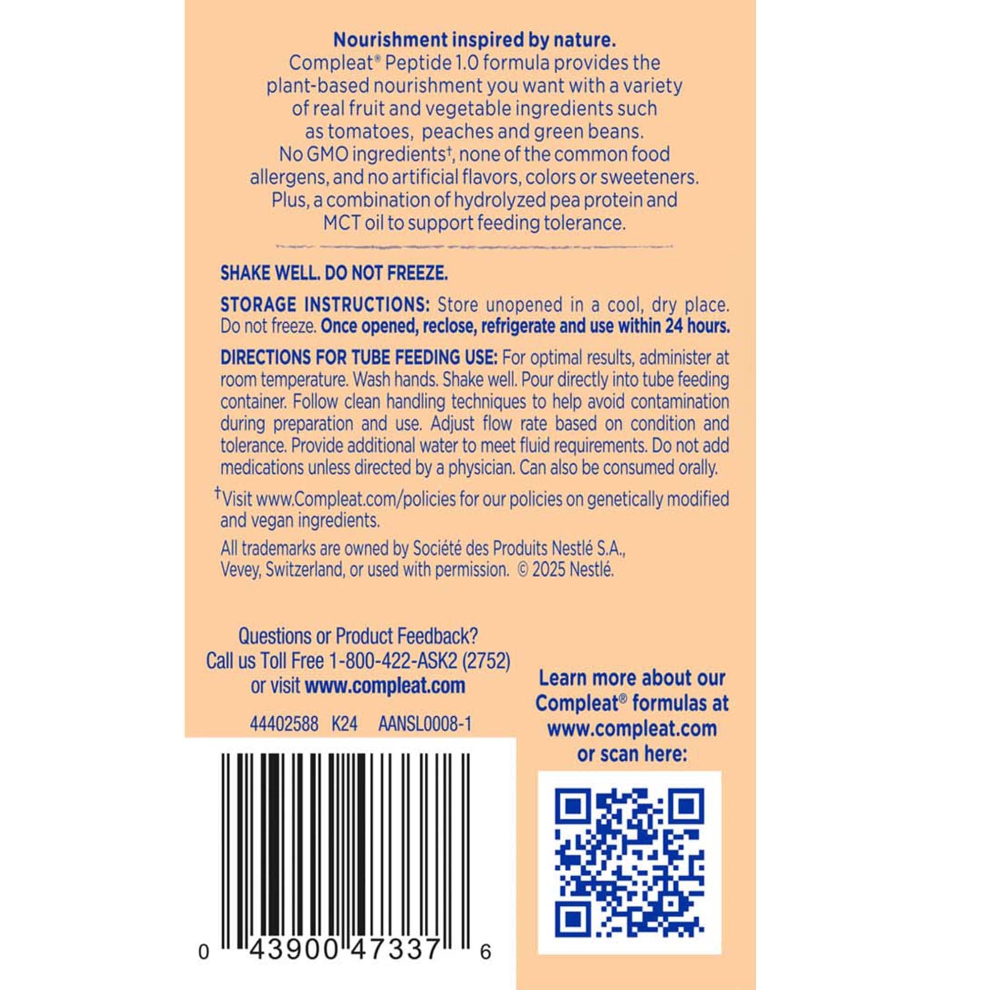Compleat® Peptide 1.0 Nutritionally Complete Tube Feeding Formula 00043900836065
