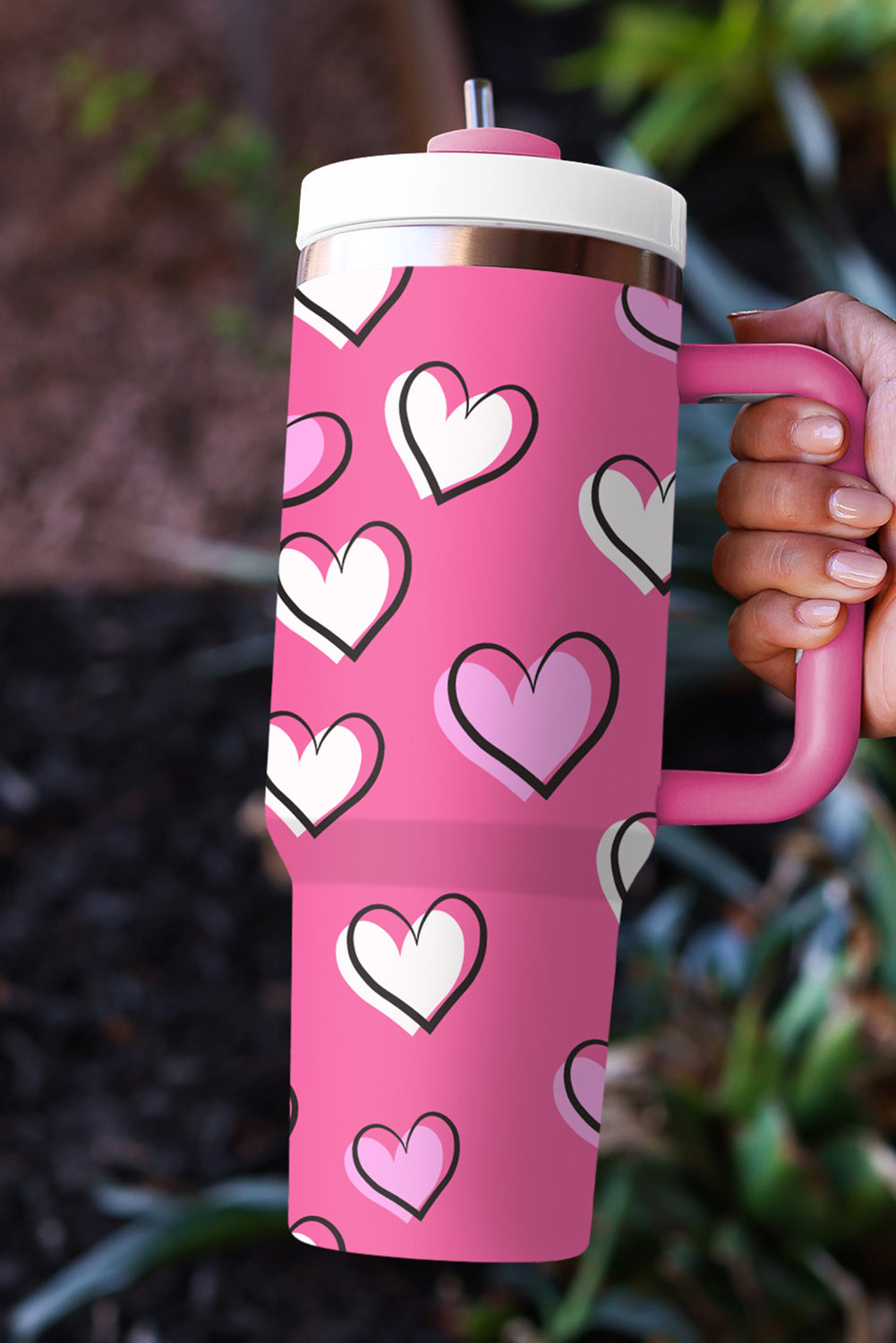 Rose Red Valentines Heart Printed Cup with Handle 40oz