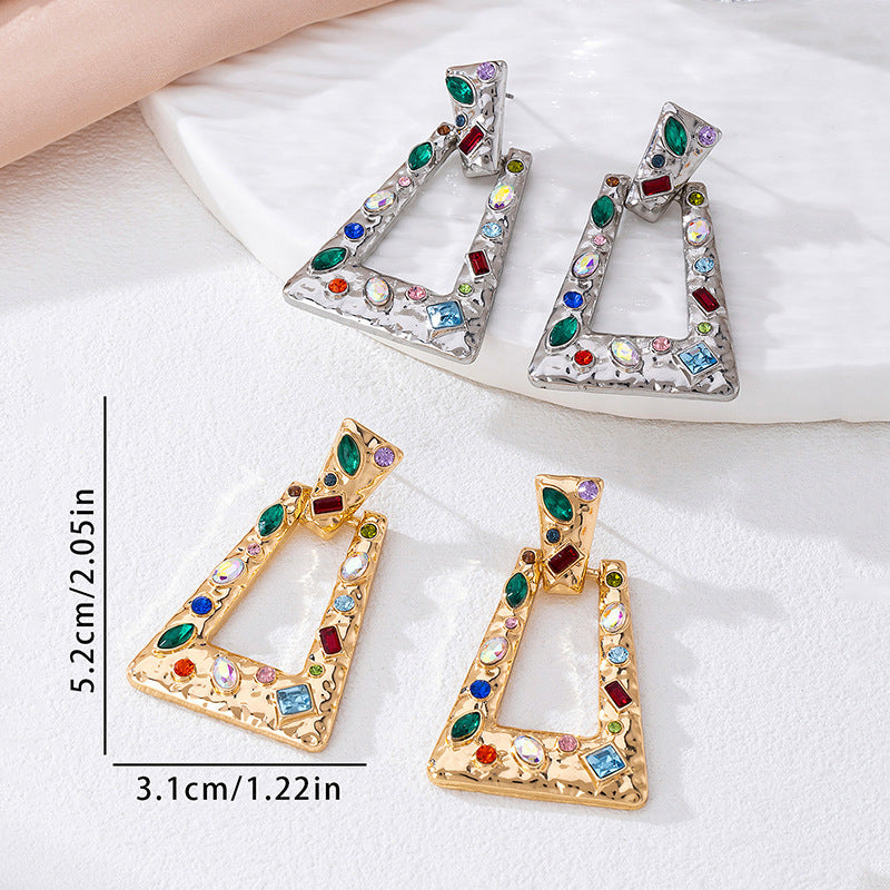 Luxury Exaggerated Geometric Drop Earrings For Women, Vintage High-End Statement Earrings With Multicolor Rhinestones