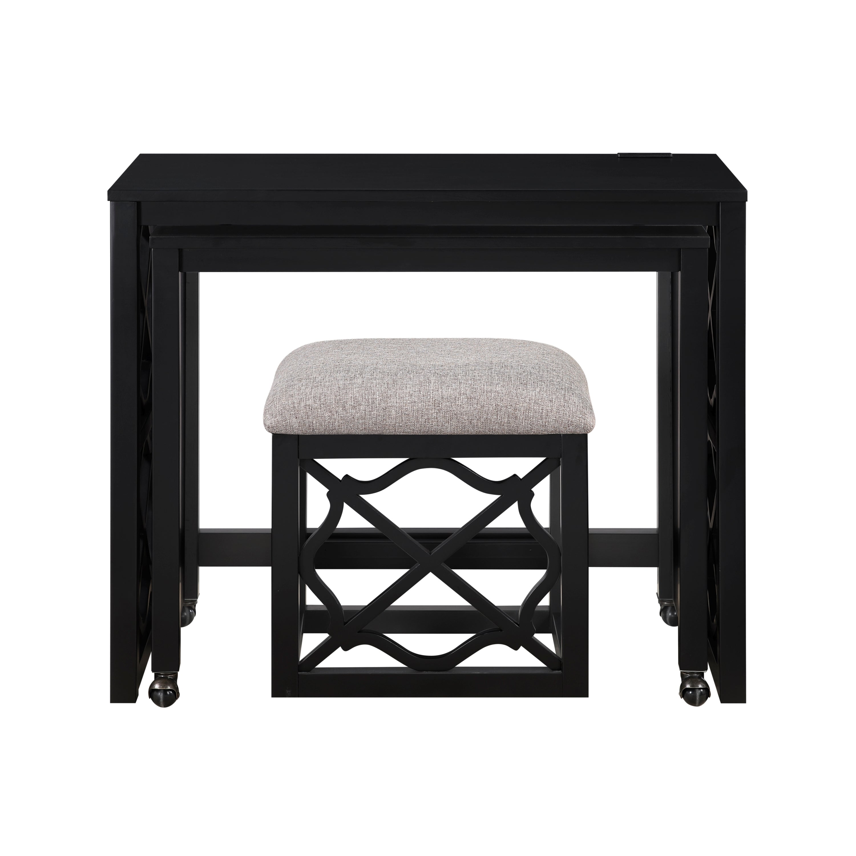 Desks and Stool Set 3pc Black Finish Rolling Desk with Casters, 2 Charging ports Home Office Furniture