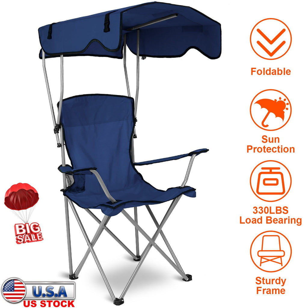 Foldable Beach Canopy Chair Sun Protection Camping Lawn Canopy Chair 330LBS Load Folding Seat w/ Cup Holder For Beach Poolside Travel Picnic