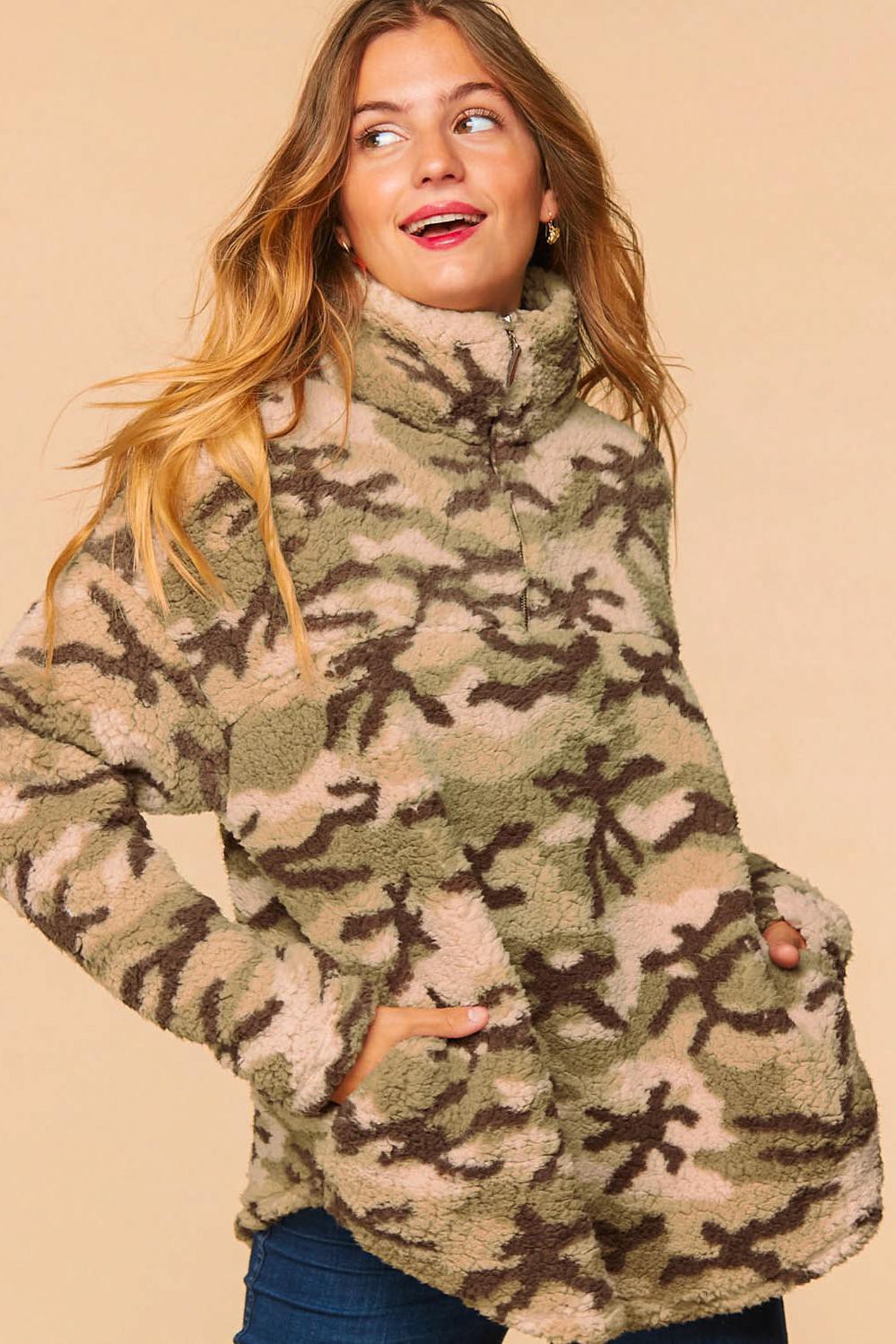 Plus Camo Sherpa Pocketed Sweater