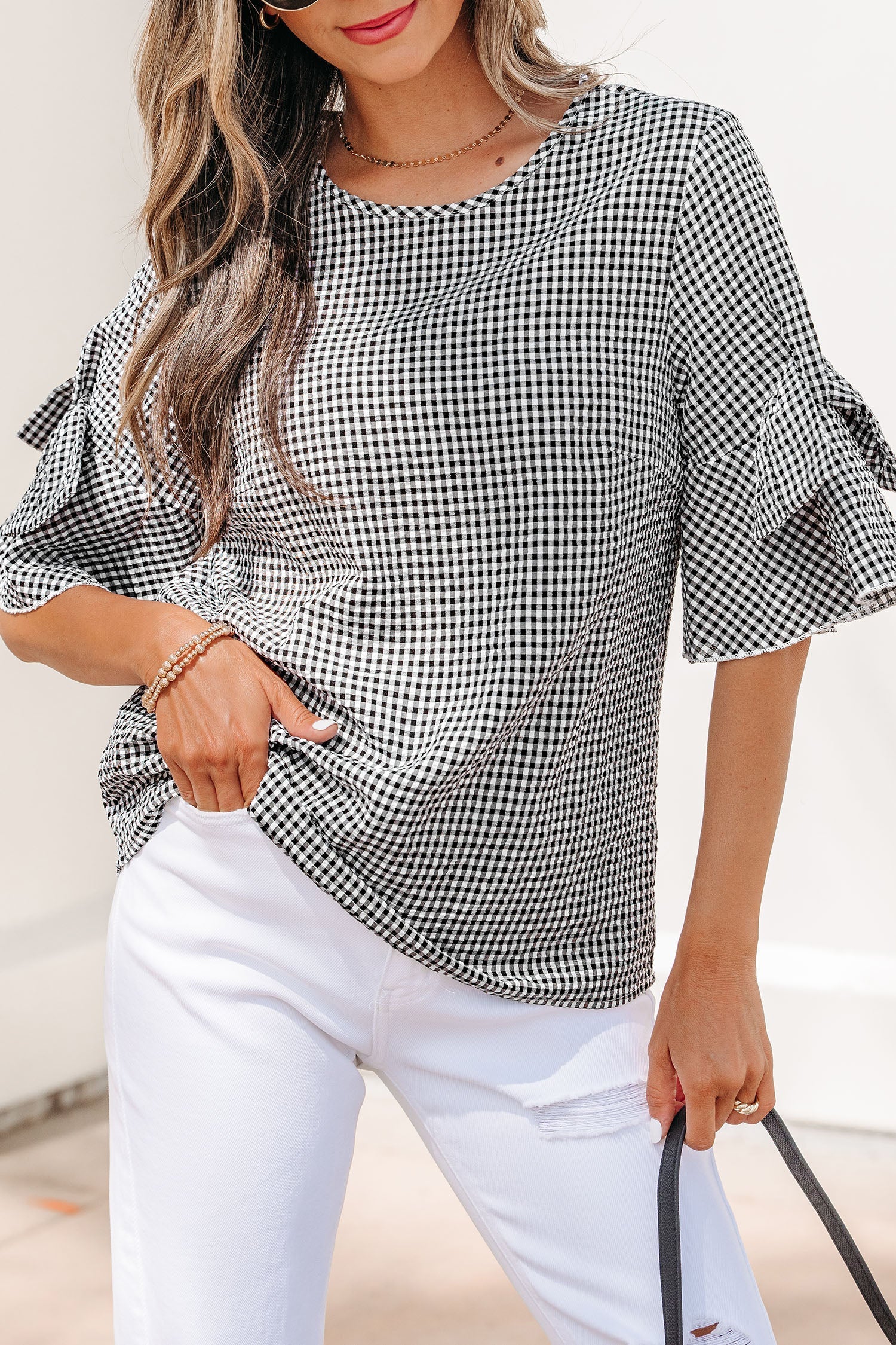 Black Plaid Bow Ruffled Half Sleeve Round Neck Blouse