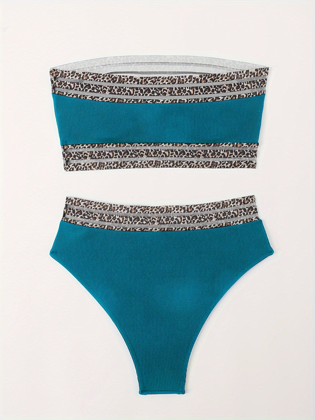 Bikini Leopard Print High Waist Bandeau 2 Piece Swimsuit for Women – Super Stretchy Bikini Set with Seductive Mesh Detail and Flattering Fit – Chic Animal Print Swimwear for Beachwear Poolside and Summer Vacations
