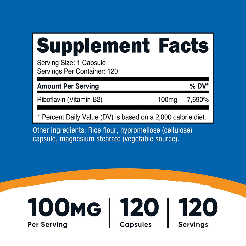 Dietary Supplement nutricost® Vitamin B2 Riboflavin Vitamin B2 100 mg Strength Capsule 120 Per Bottle NTC220101