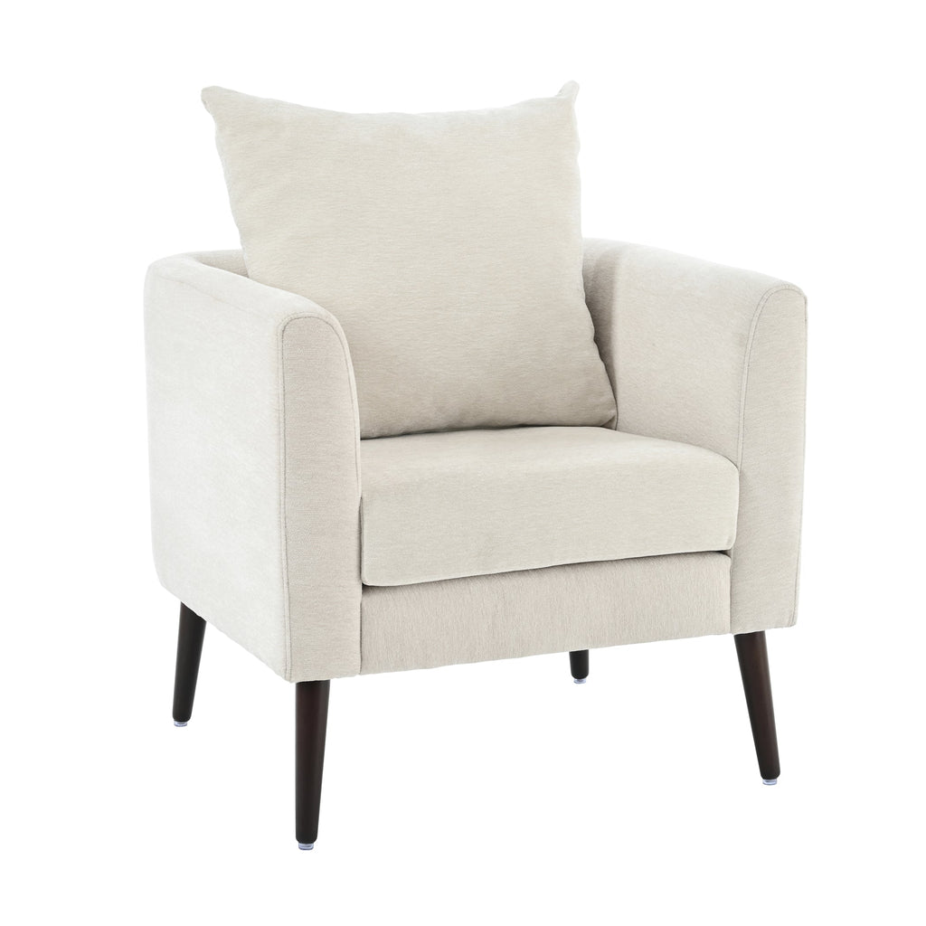 Modern Chenille Accent Chair, Upholstered Armchair for Living Room, Mid Century Fabric Lounge Chair w/Pillow, Comfortable Reading Chair with Wood Legs for Living Room, Bedroom, Reception Room (Beige)
