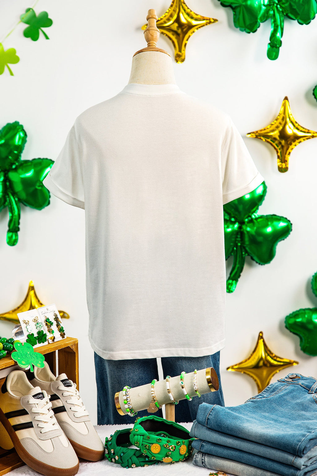 White Embroidered Clover St Patricks Fashion Graphic Tee