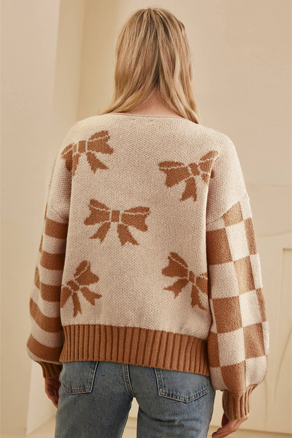 Straw Yellow Striped Checkered Sleeves Bow Print Knit Sweater