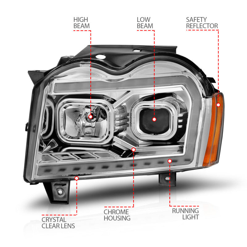 ANZO 05-07 Jeep Grand Cherokee Projector Headlights - w/ Light Bar Switchback Chrome Housing 111544