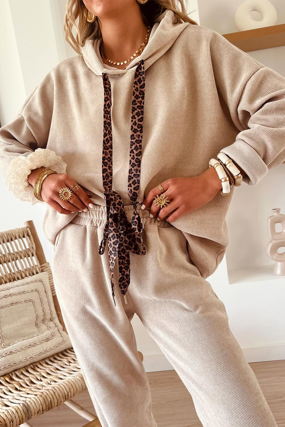 Smoke Gray Drawstring Pullover Hoodie and High Waist Pants Corduroy Suit
