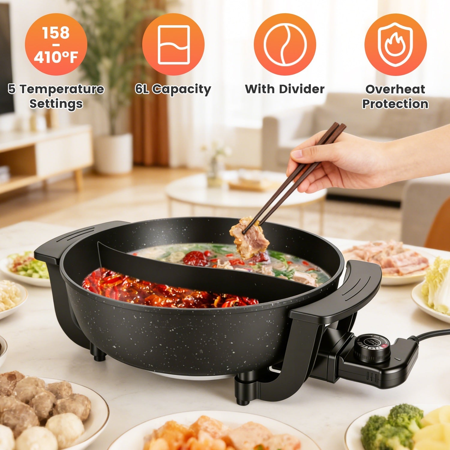 6L Electric Hot Pot with Divider 1100W Dual-Flavor Pot Shabu Shabu Pot Non-Stick with 5-Temp Control for Shabu Shabu Fondue Perfect for Family Gatheri