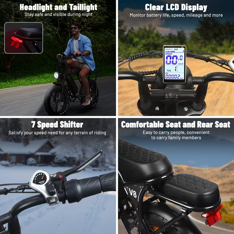 Electric Bike, V8 Electric Mountain Bike with 740W Motor 48V 15Ah Removable Larger Battery 19mph/h 20'' Tire E Bike, Adult Electric Bicycles, Electric Dirt Bike, Electric Mountain Bike, Electric Bicycle for Adults, E Bike