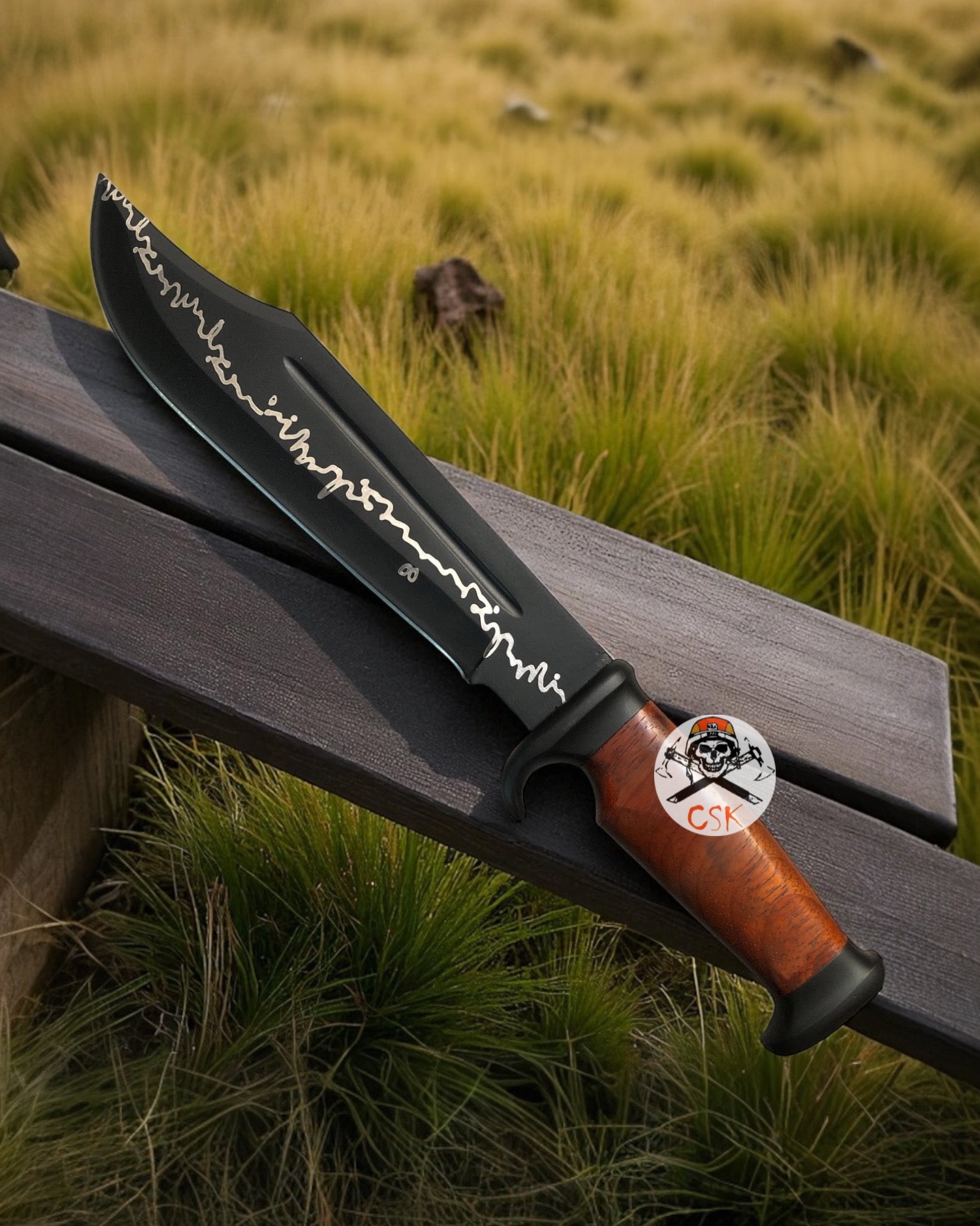 Engraved Black Bowie Knife –Leather Stack Handle & Collectible Blade - PhishStones Products
