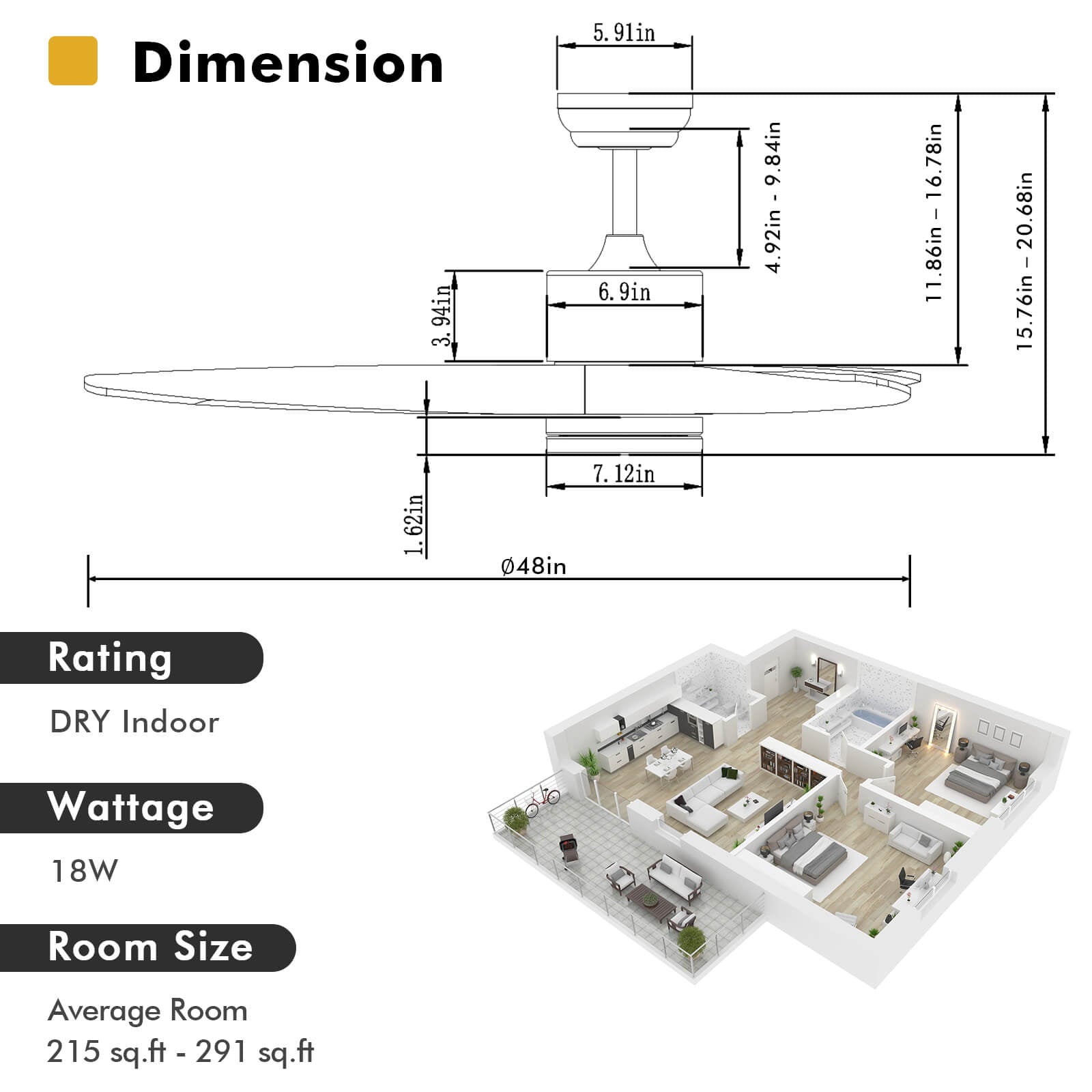 48 Inch Wood Ceiling Fan with LED Lights and 6 Speed Levels