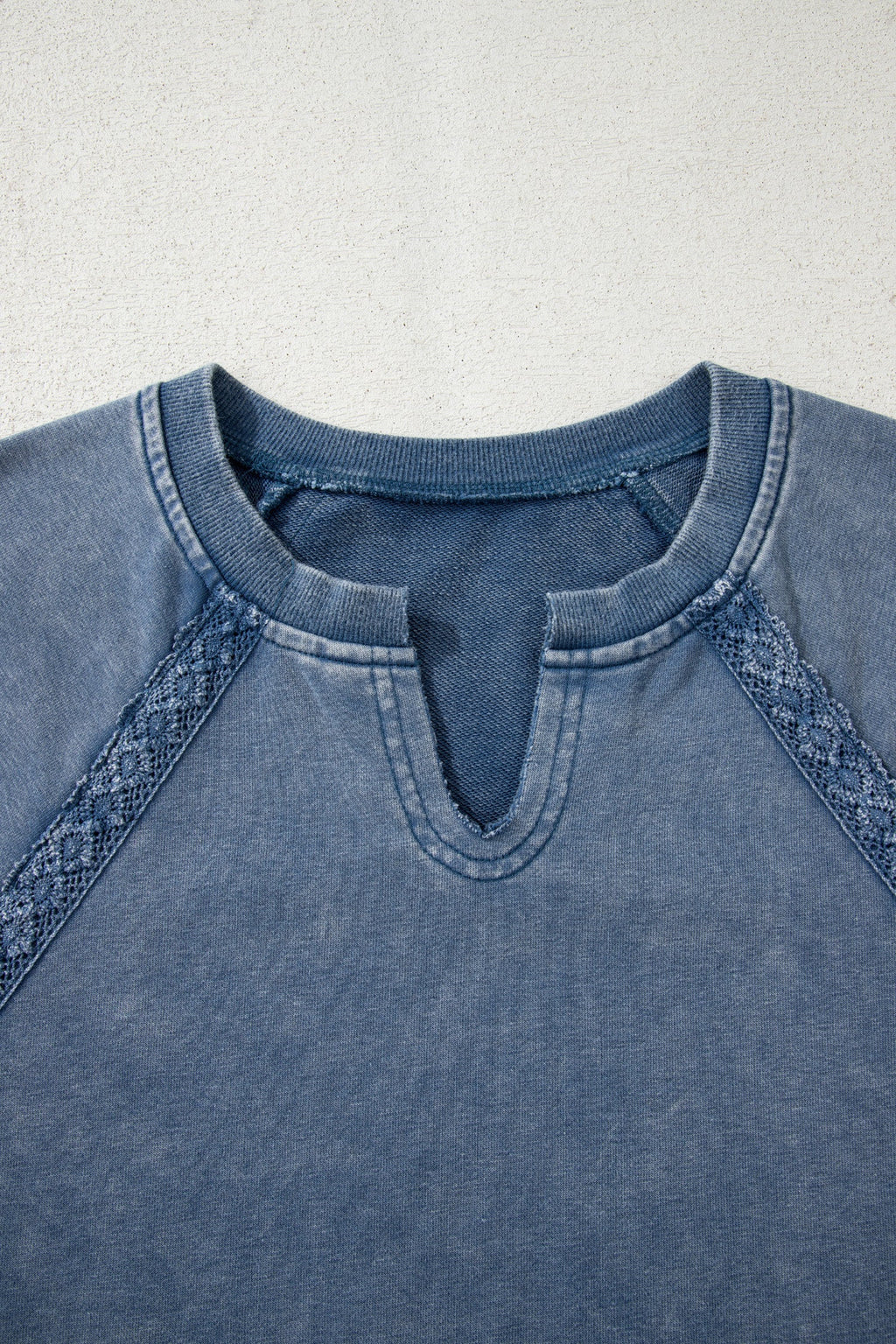 Red Dahlia Lace Patchwork Detail Notched Neck Mineral Wash Baggy Sweatshirt