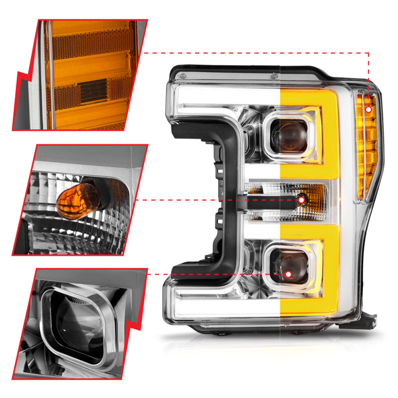 ANZO 17-19 Ford F-250/350/450 SD (w/o Factory LED HL) LED Proj Headlights w/Light Bar Switchback Chr 111578