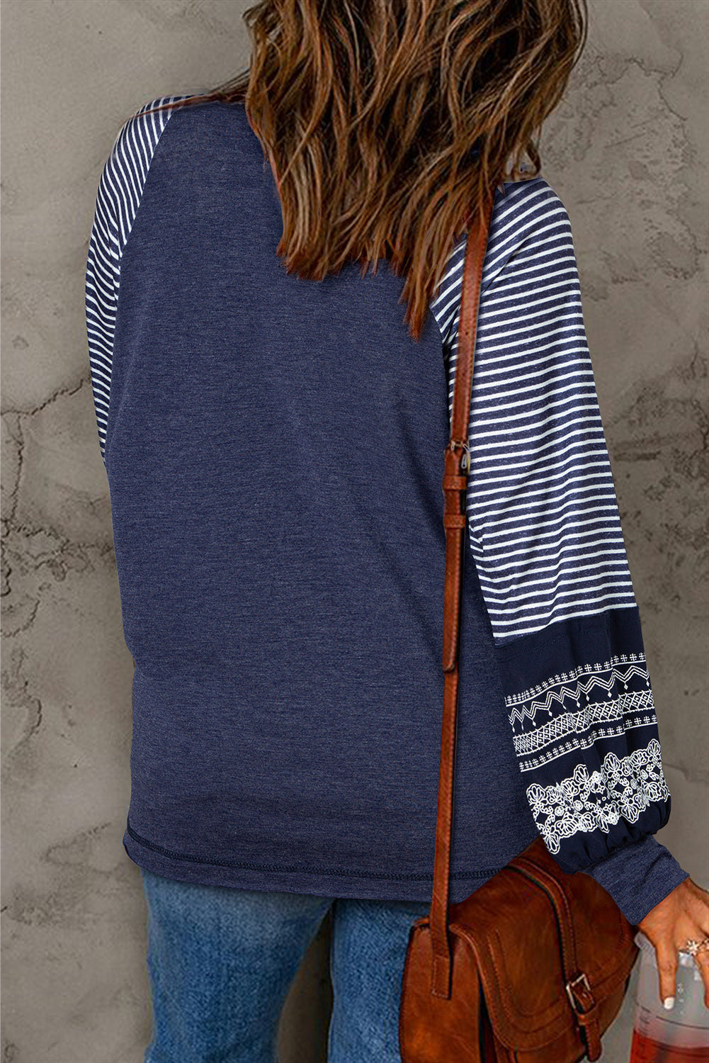 Tillandsia Purple Contrast Print Striped Raglan Long Sleeve Loose Top