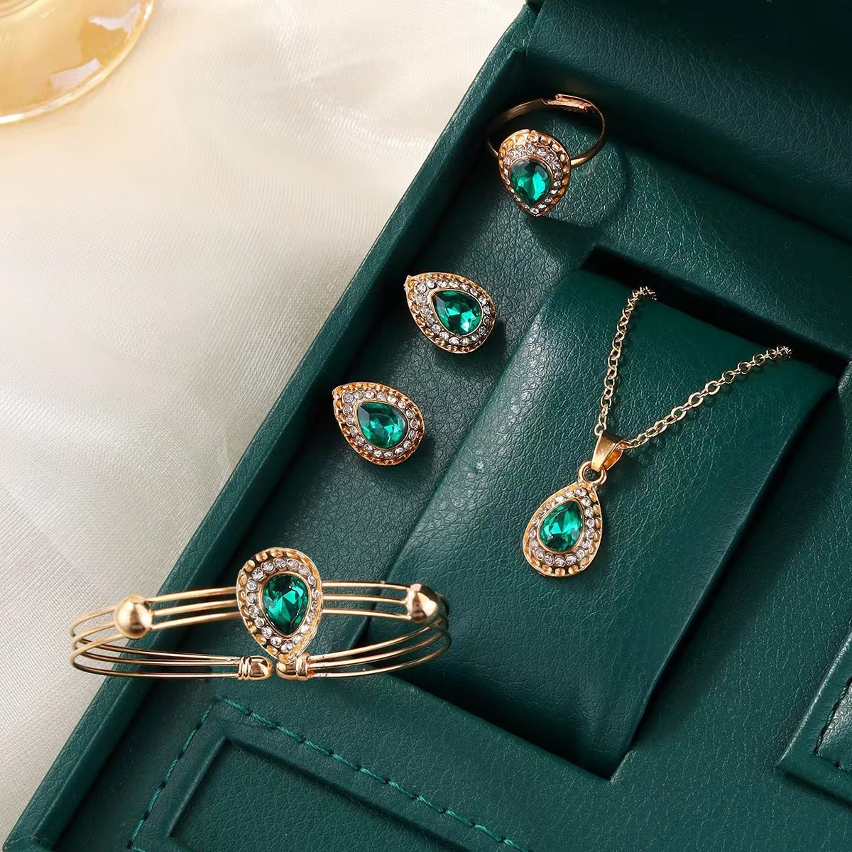Jewelry Suit Women's Water Drop Gem Series Necklace Earring Ring Bracelet Four-piece Set