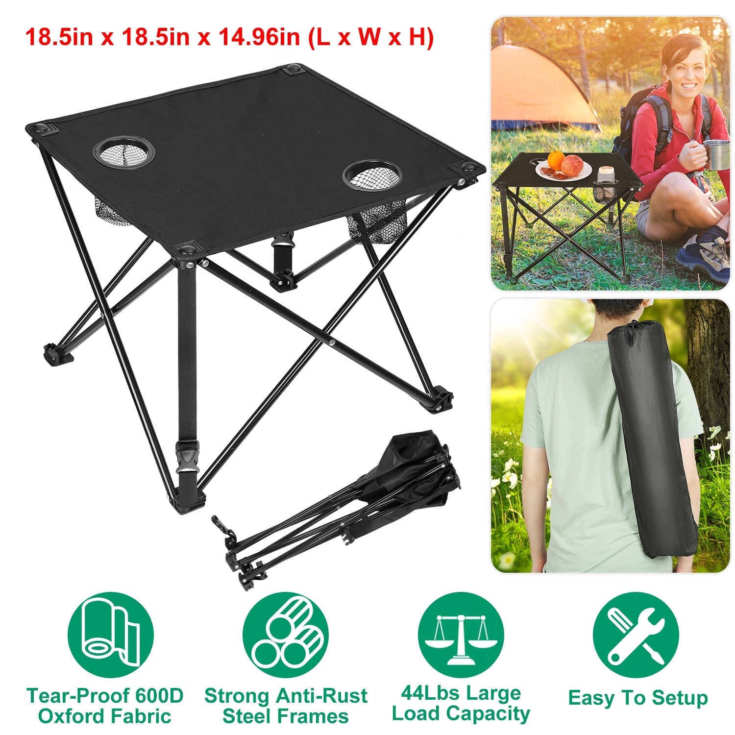 2Pcs Foldable Camping Table Portable Picnic Table Lightweight Travel Desk with 2 Cup Holders/Table Carrying Bag