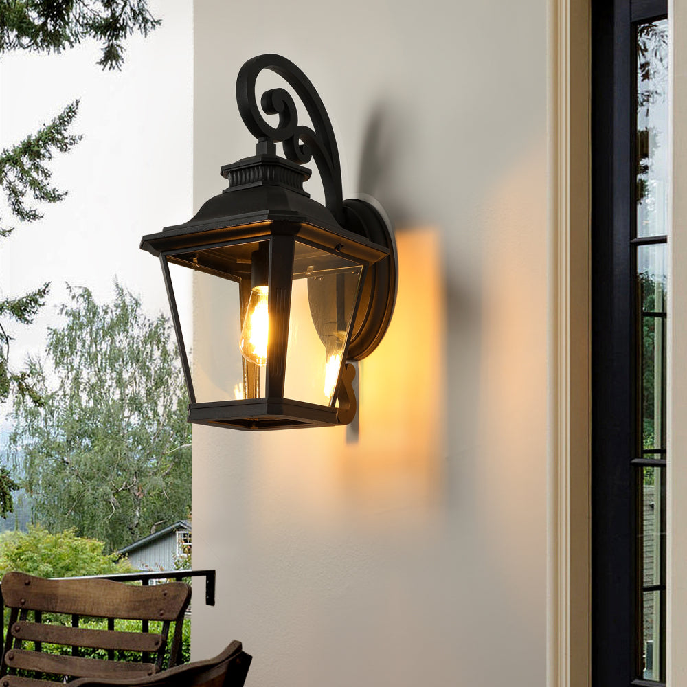 Vintage Black Outdoor Wall Lantern – 21" Farmhouse Sconce with Clear Glass & Scroll Detail