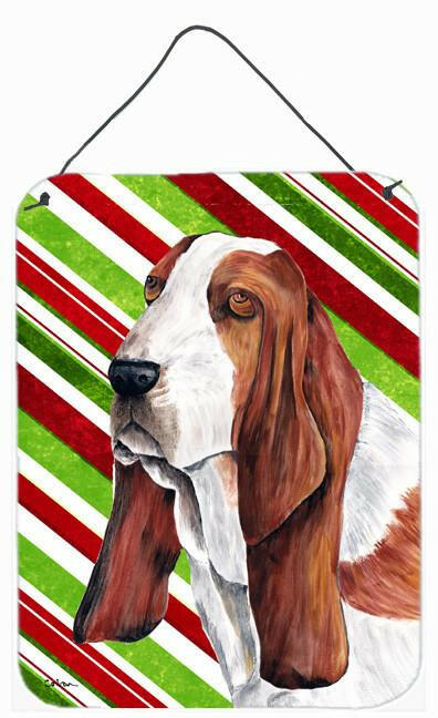 Basset Hound Candy Cane Holiday Christmas Wall or Door Hanging Prints Aluminum Metal Sign Kitchen Wall Bar Bathroom Plaque Home Decor Front Door Plaque, 12x16, Multicolor