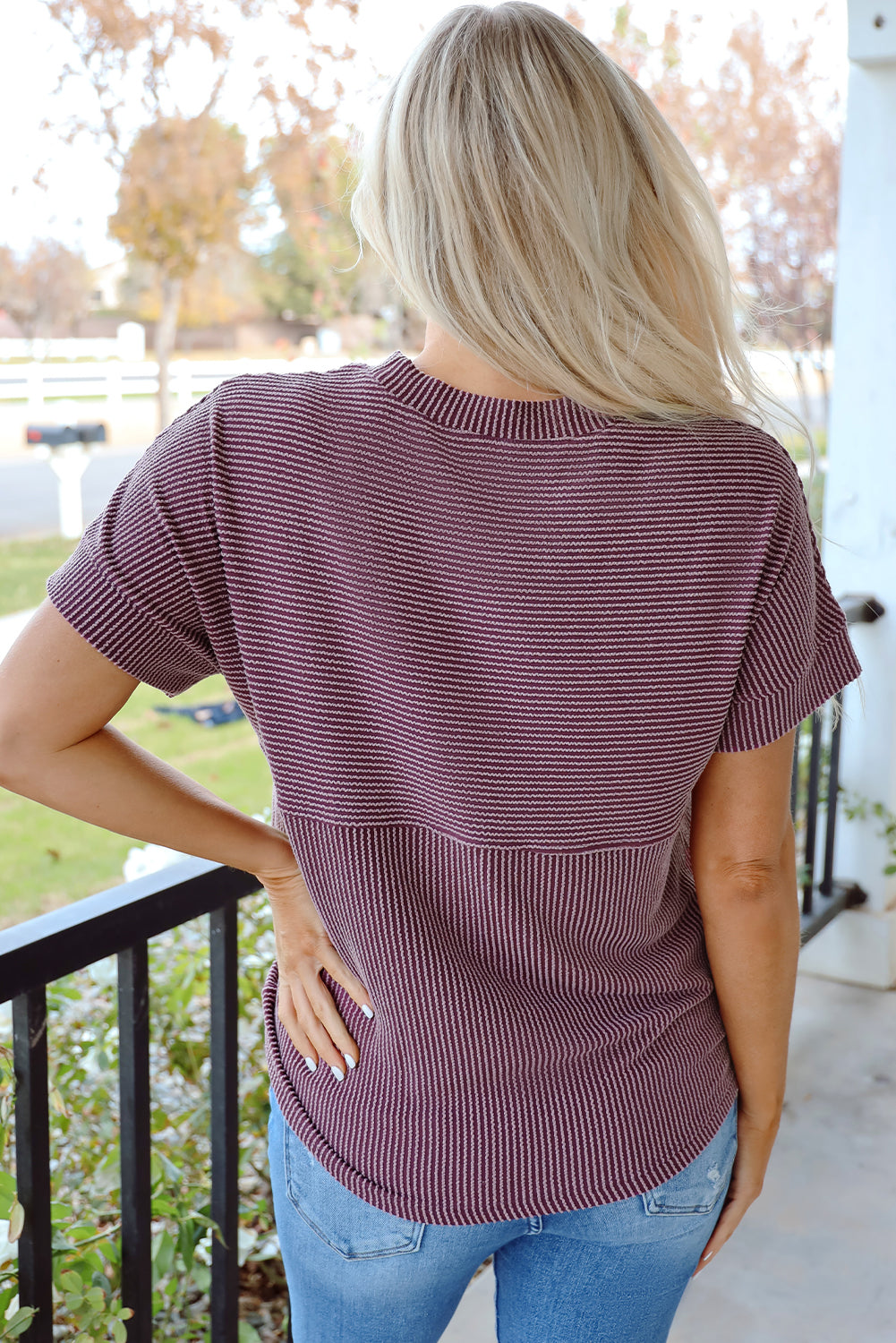 Bright Pink Plain Corded Knit Mock Neck T Shirt