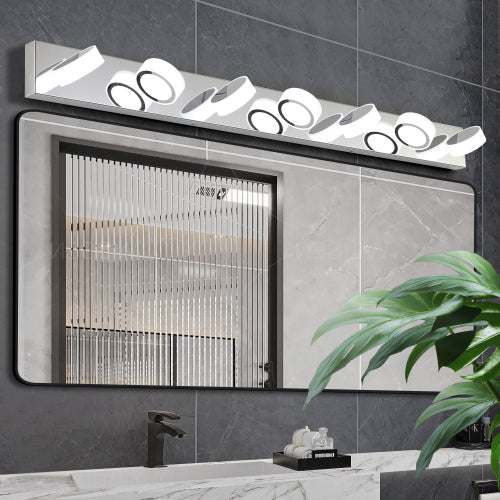 LED Vanity Light Fixture | 3/4/5/6/7-Light Chrome Bathroom Wall Sconce with 360° Rotatable Heads & Frosted Acrylic Shade — Dimmable, 36W