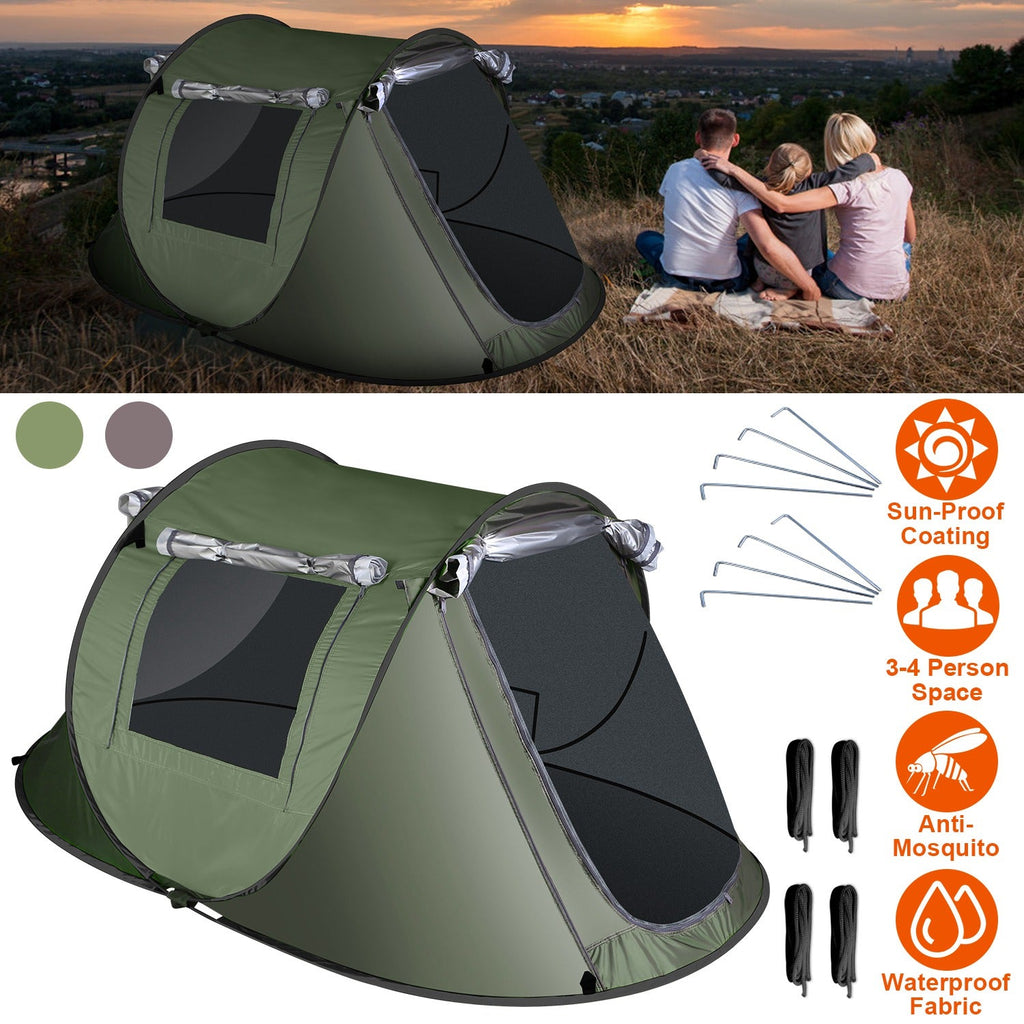 3-4 Person Pop Up Tent Automatic Setup Camping Tent Waterproof Instant Setup Tent with 2 Mosquito Net Windows Carrying Bag for Hiking Climbing Adventu