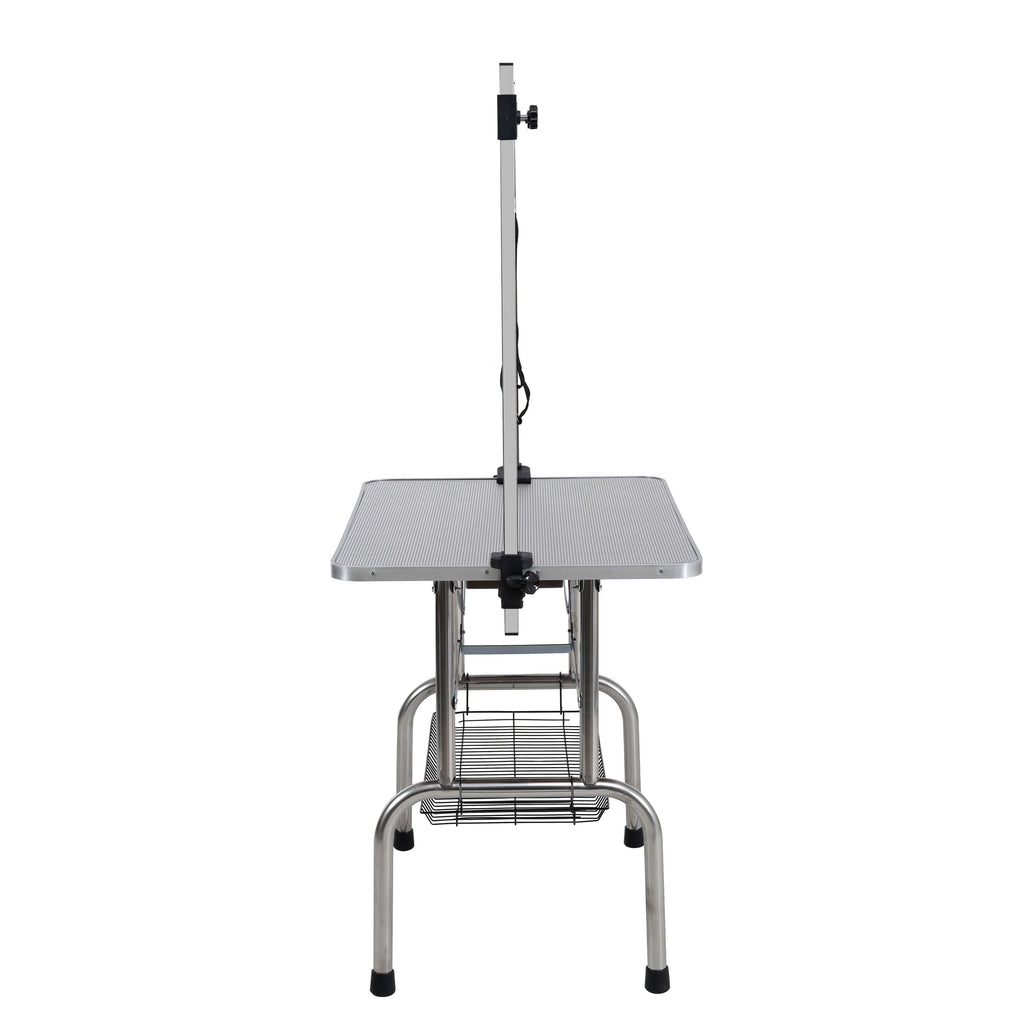 46' Folding Dog Pet Grooming Table Stainless Steel Frame Rubber Mat on Board with Adjustable Arm and Clamps pet dog Cat Grooming Table (SILVER-GRAY COLOR)