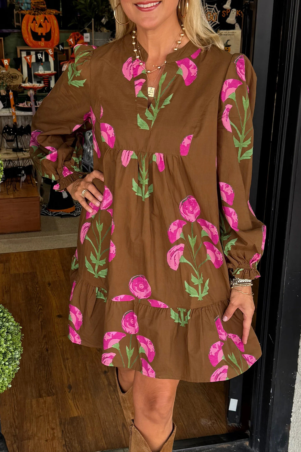 Brown Contrast Floral Print Babydoll Tunic Ruffled Hem Puff Sleeve Dress