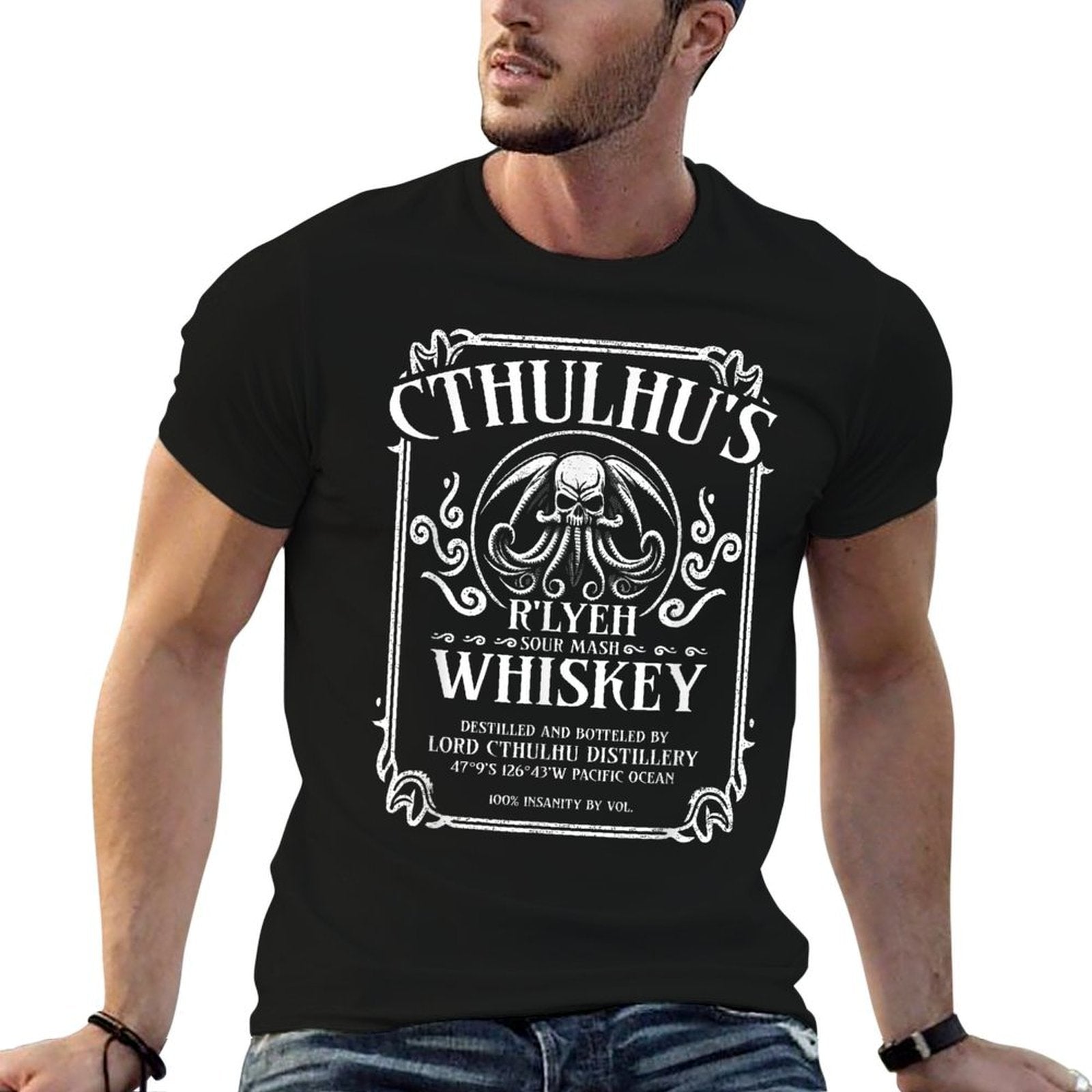 Cthulhu Whiskey Label, Funny Cosmic Horror Cthulhu  Summer-ready Fabric T-Shirt