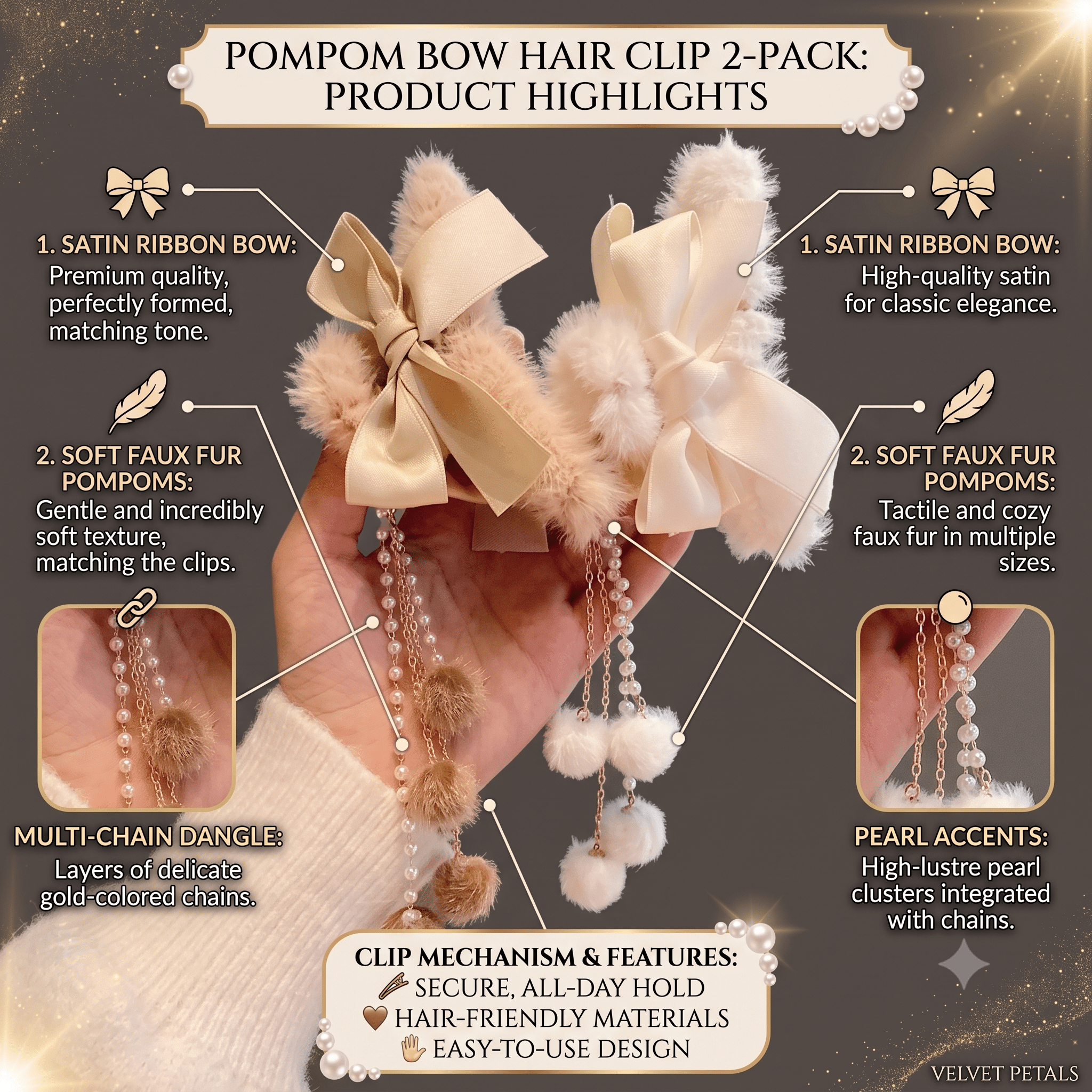 Faux Fur Bow Hair Claw Clips 2 Pack Pearl Dangle Tassel
