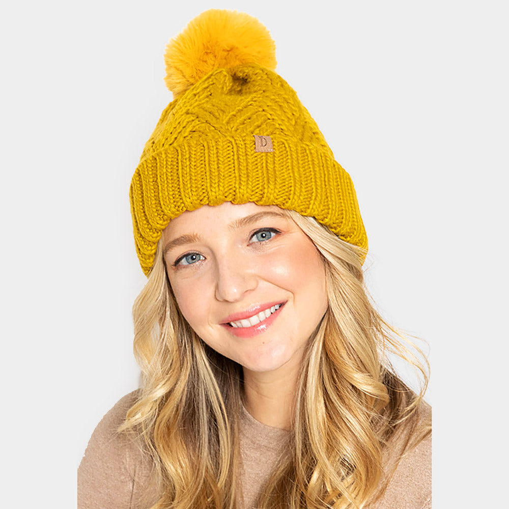 Faux Fur Pom Pom Cable Knit Beanie Hat