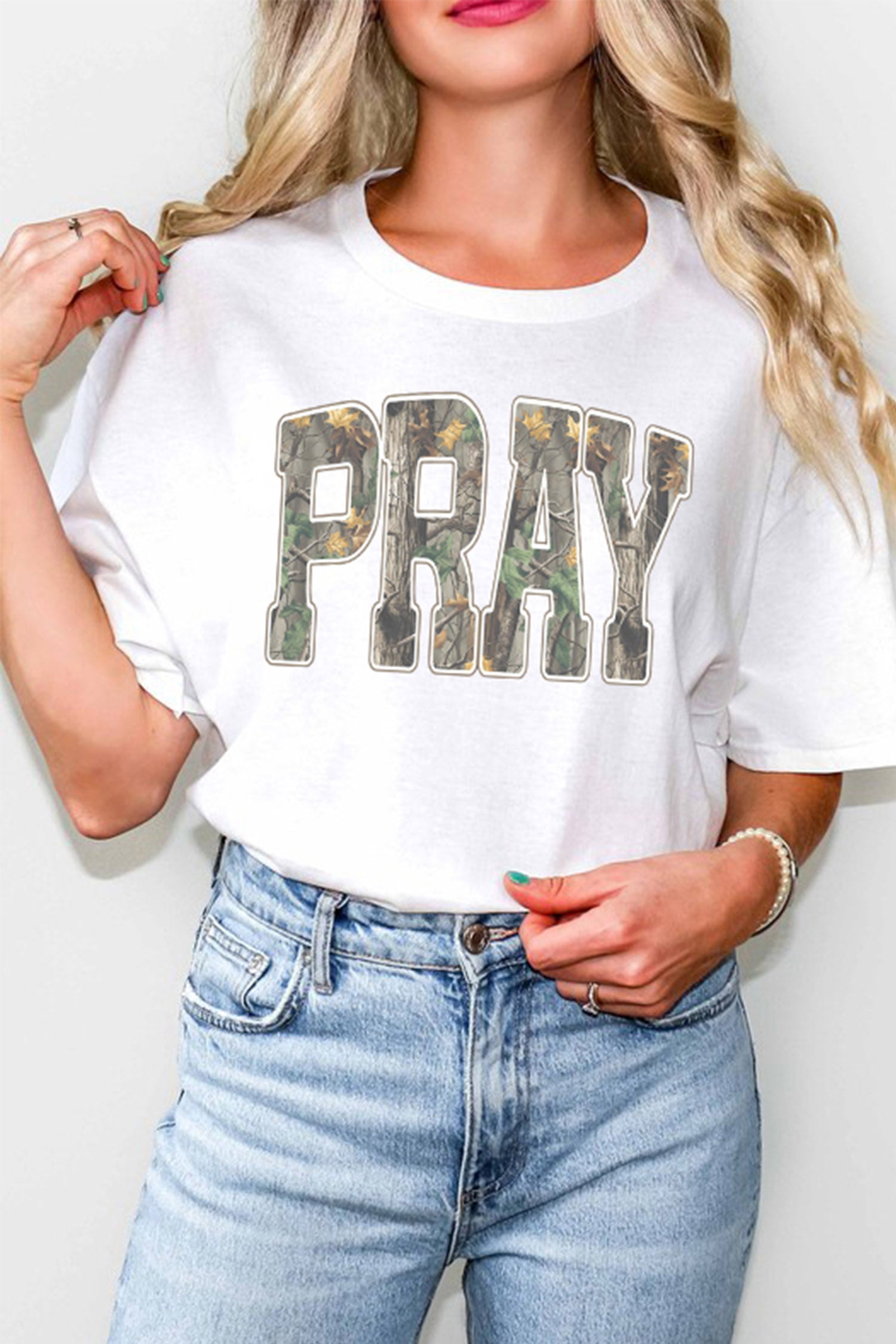 White PRAY Camo Letter Print Casual Round Neck T Shirt