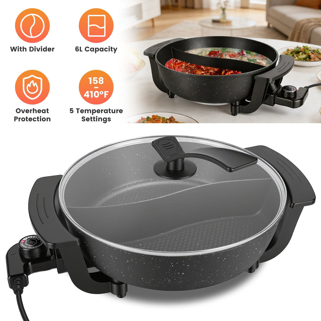6L Electric Hot Pot with Divider 1100W Dual-Flavor Pot Shabu Shabu Pot Non-Stick with 5-Temp Control for Shabu Shabu Fondue Perfect for Family Gatheri