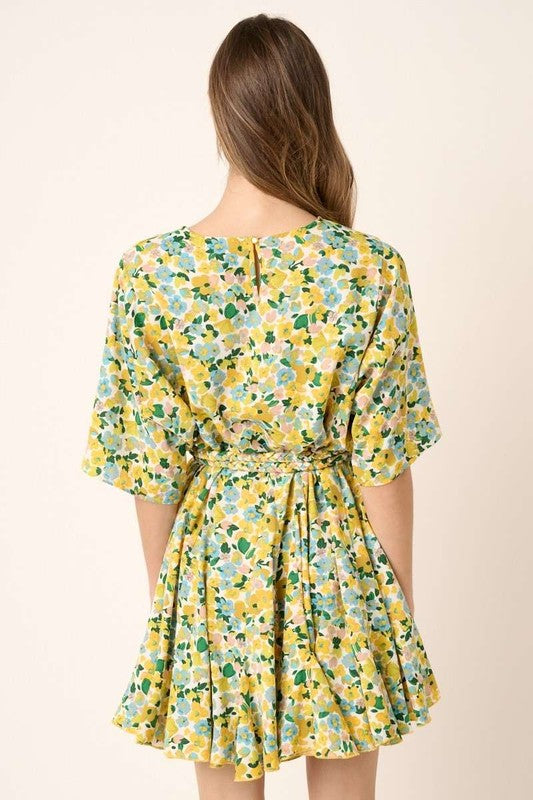 New Summer Floral Tie Waist Half Sleeve Mini Dress –Feminine and Chic Floral Dress with Flattering Tie Waist Detail