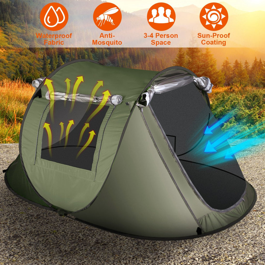 3-4 Person Pop Up Tent Automatic Setup Camping Tent Waterproof Instant Setup Tent with 2 Mosquito Net Windows Carrying Bag for Hiking Climbing Adventu