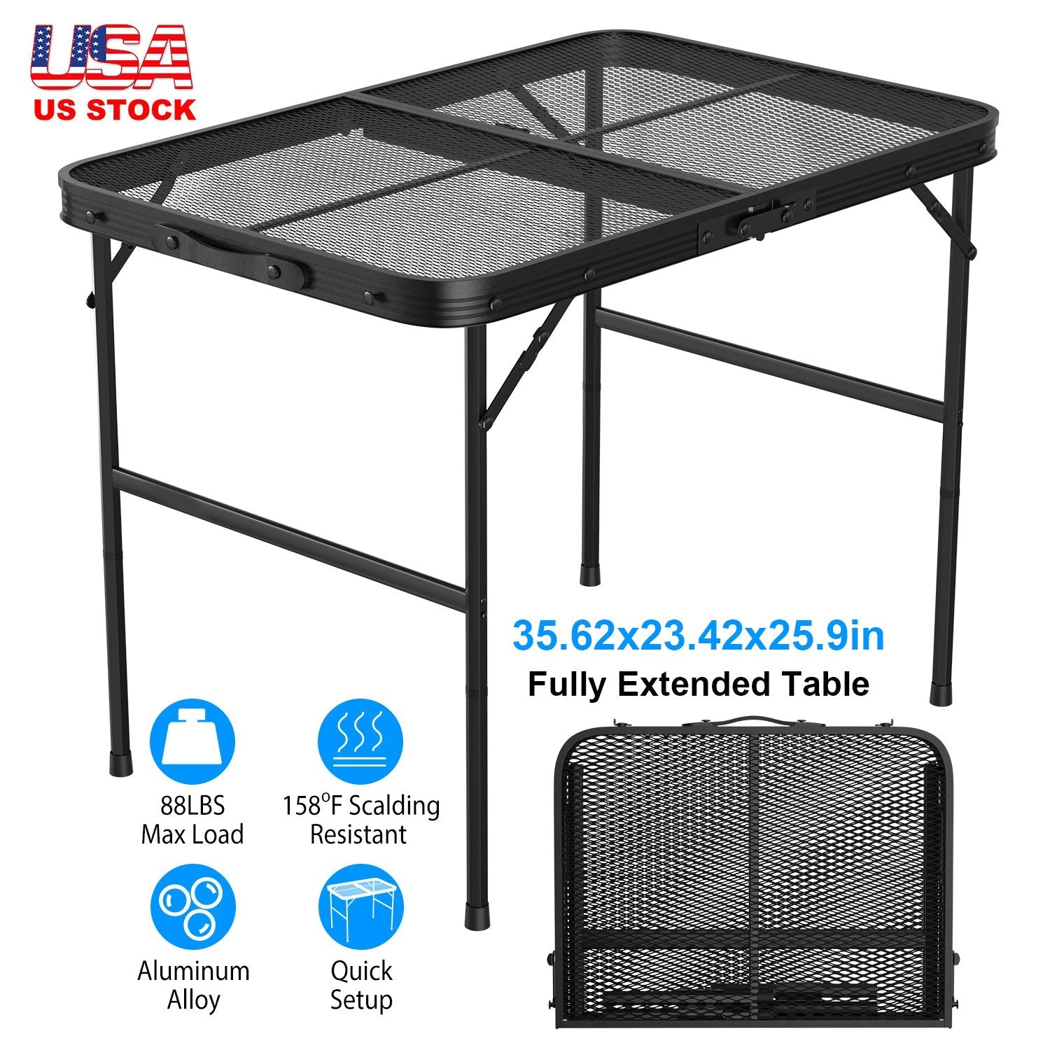 35.62x23.42x25.9in Foldable Camping Table Collapsible Picnic Aluminum Alloy Grill Stand 88LBS Max Load Height Adjustable BBQ Table