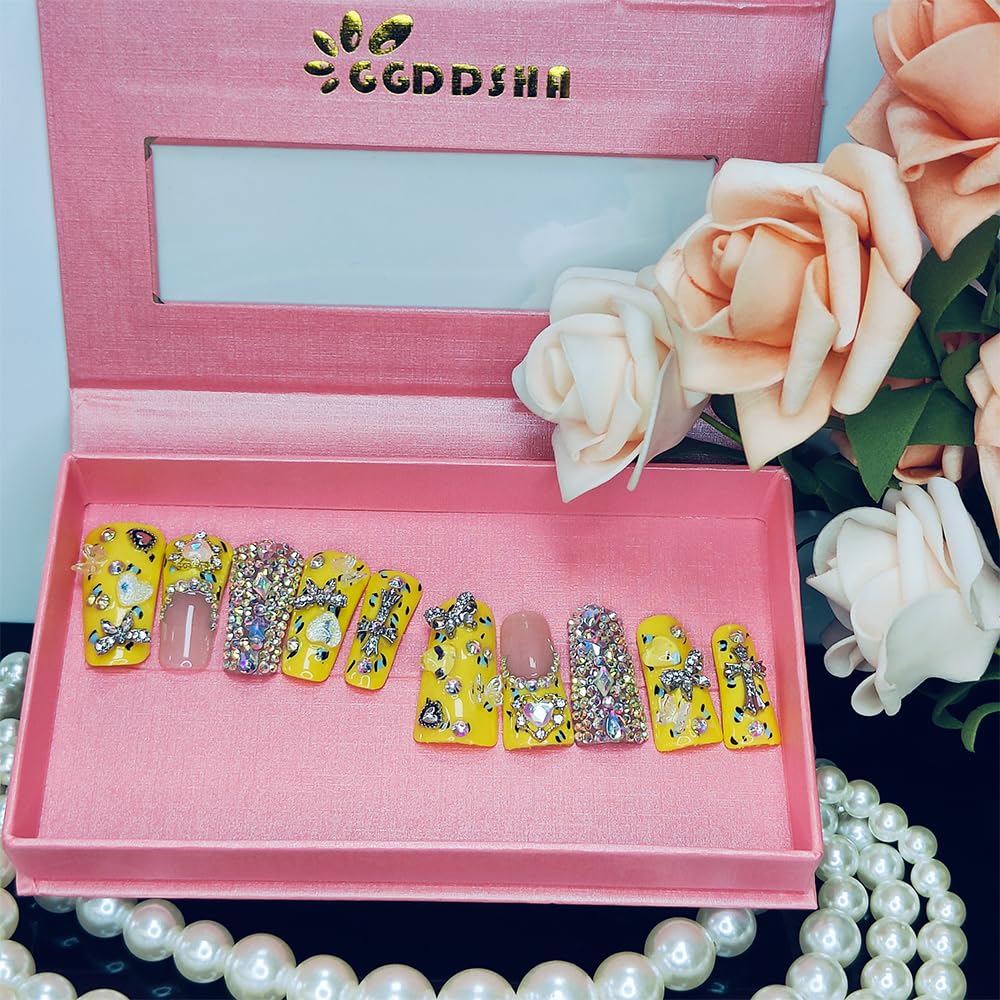GGddsha Duck Nails Handmade PMMA Acrylic MediumSquare Fake Nails With Rhinestones Love Butterfly DesignReusable Full Coverage Duck Ladies Fake Nail,Sunlit Cherub