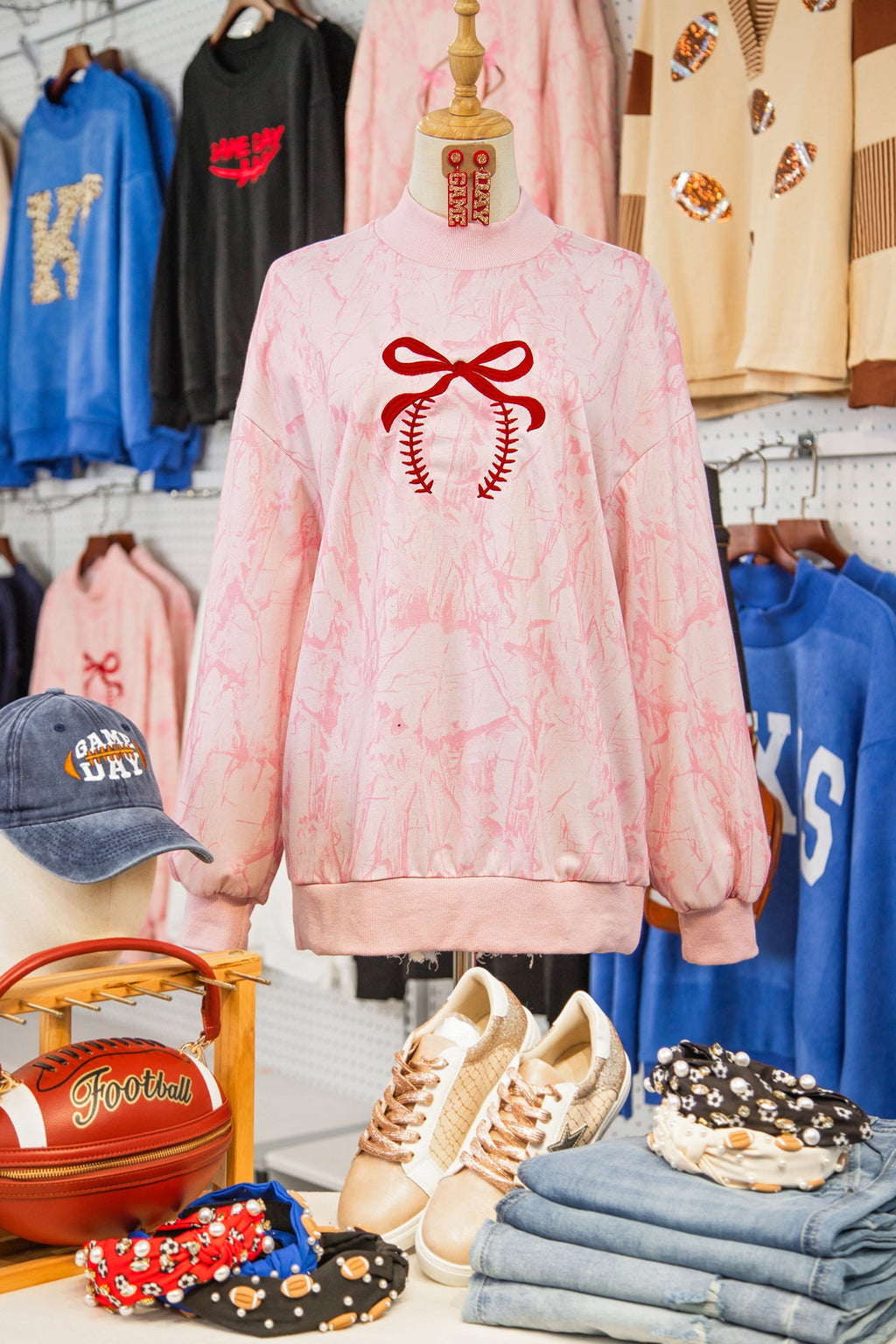 Pink Tie Dye Camo Embroidered Bow Game Day Mock Neck Sweatshirt