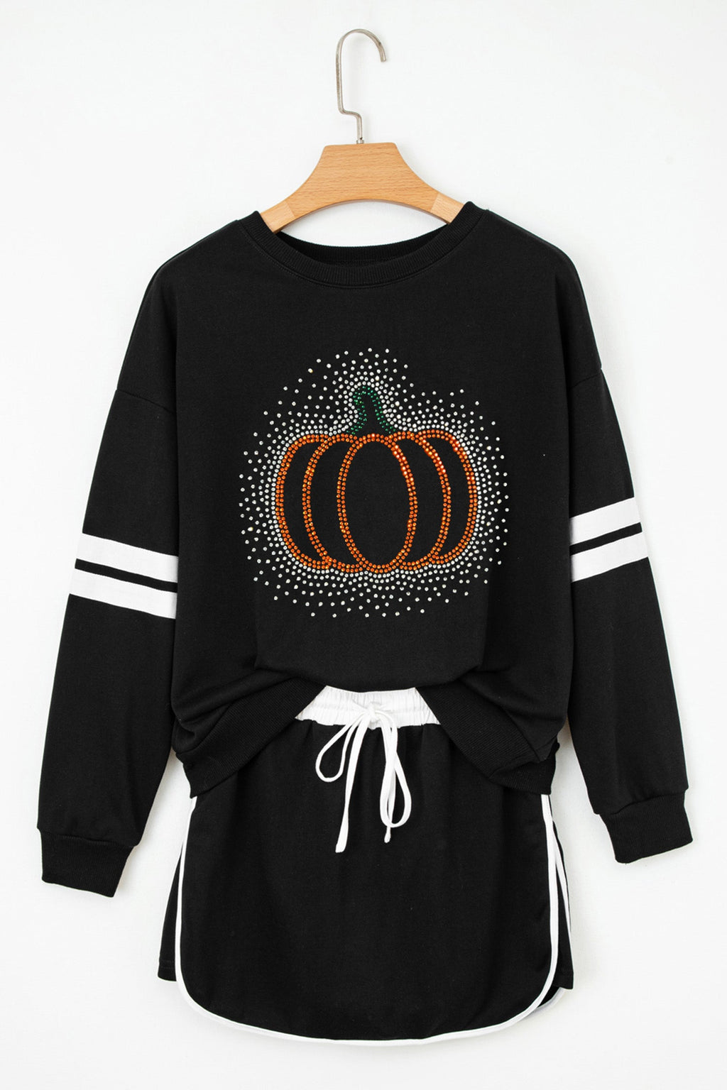 Black Rhinestone Pumpkin Graphic Varsity Striped Long Sleeve Top Drawstring Mini Skort 2pcs Set