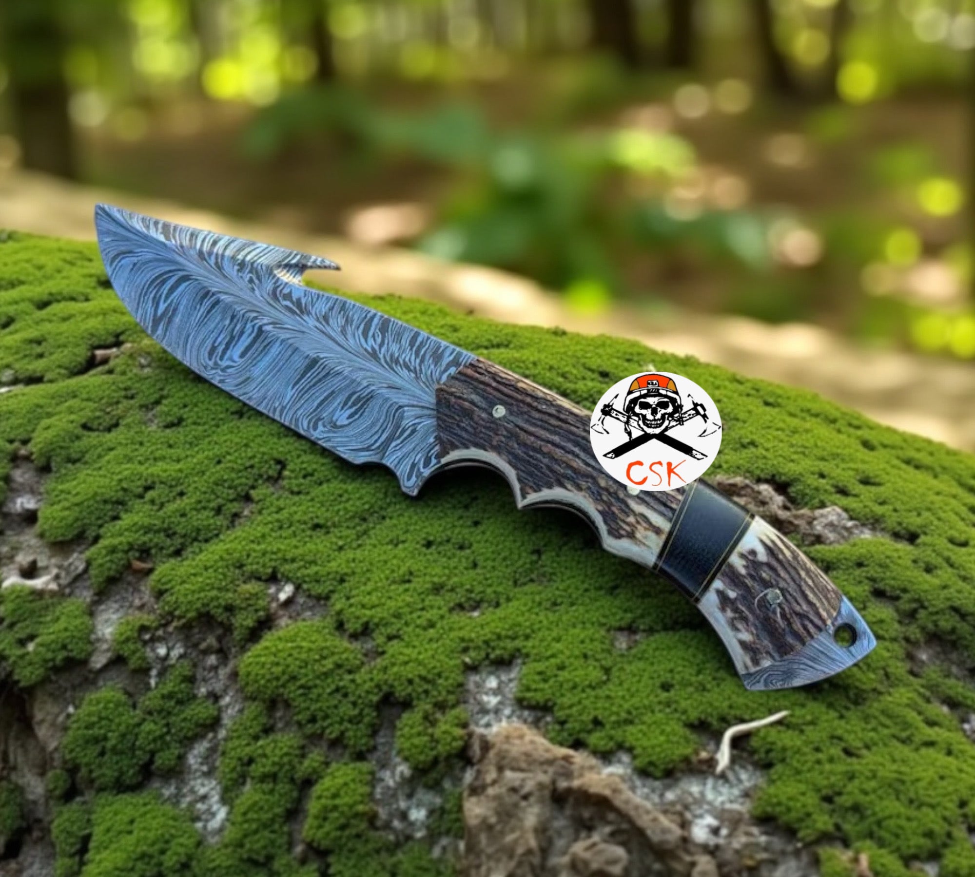 FEATHER DAMASCUS EVOKE HOOK KNIFE ANTLER HANDLE - PhishStones Products