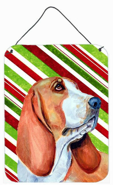 Basset Hound Candy Cane Holiday Christmas Wall or Door Hanging Prints Aluminum Metal Sign Kitchen Wall Bar Bathroom Plaque Home Decor Front Door Plaque, 12x16, Multicolor