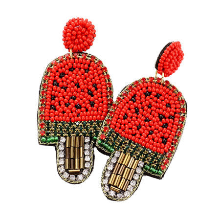 Felt Back Red Seed Bead Watermelon Popsicle Earrings