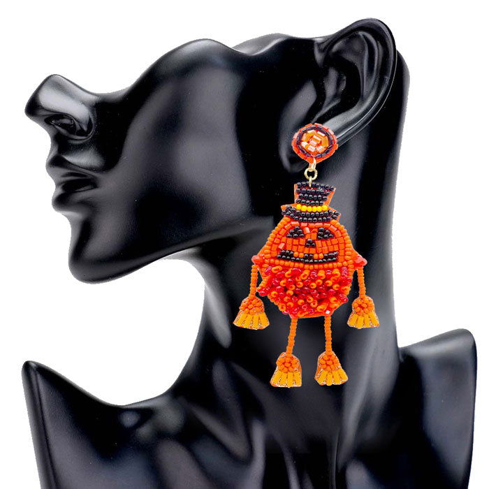 Felt Back Seed Beaded Pumpkin Dangle Earrings