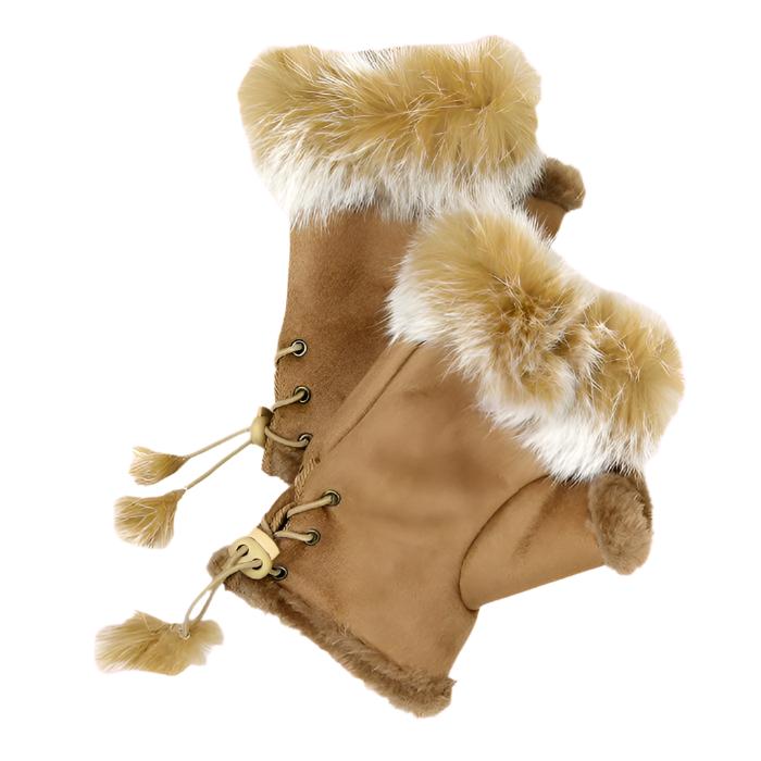 Fingerless Faux Fur Trim Faux Suede Gloves Drawstring