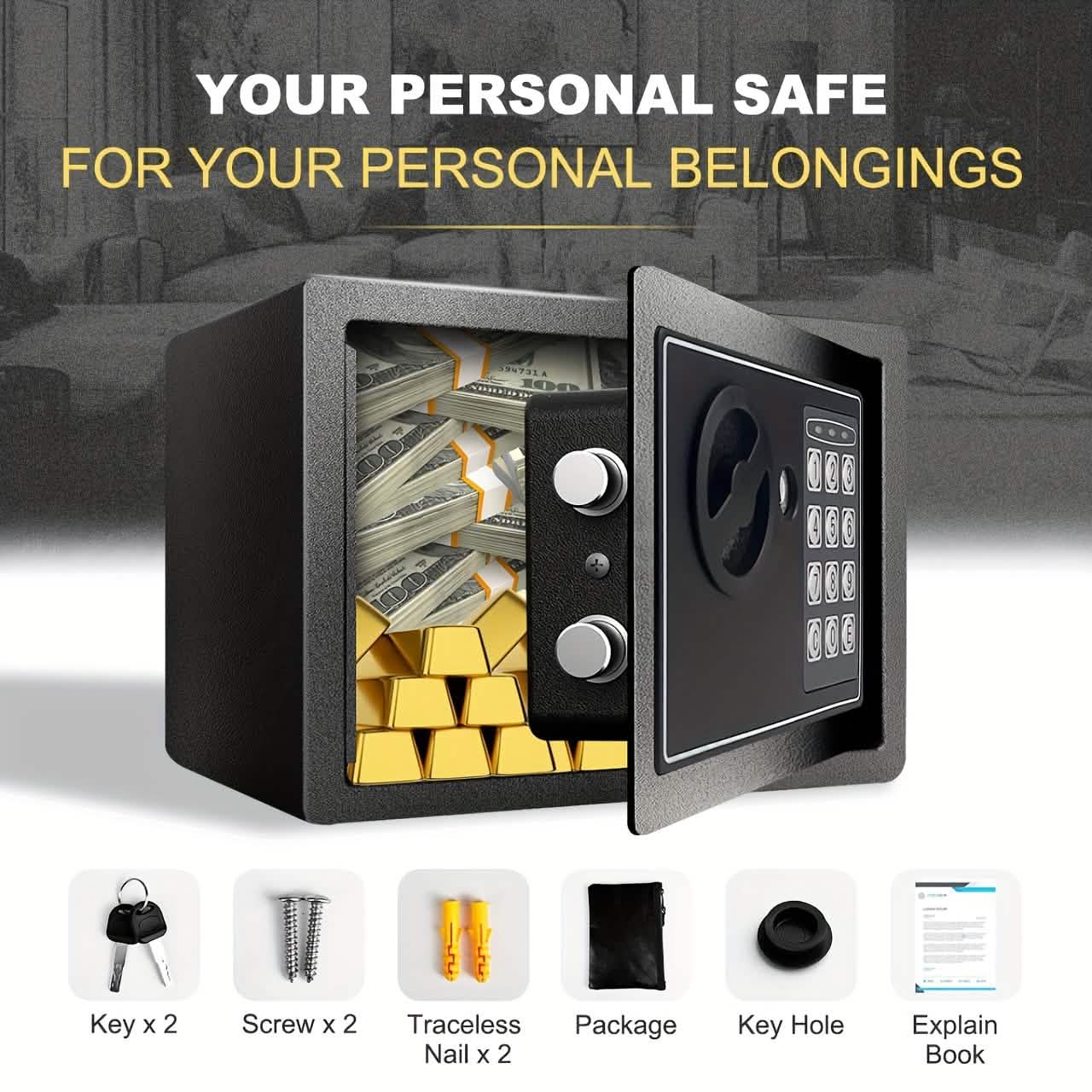 Fireproof Digital Home Safe with Keypad, Sensor Light & Money Bag - Silver - PhishStones Products